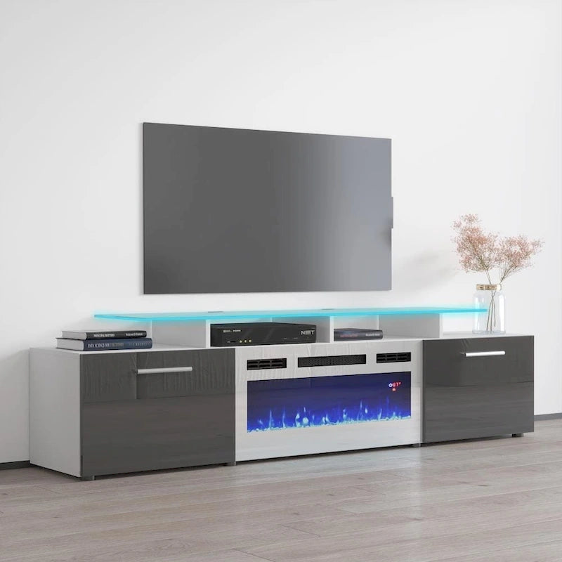 Meuble TV avec cheminée électrique blanc/gris/noir, convient aux téléviseurs de 85 pouces, 190,5 cm (75 po) de largeur x 48,26 cm (19 po) de hauteur, lumières LED, télécommande