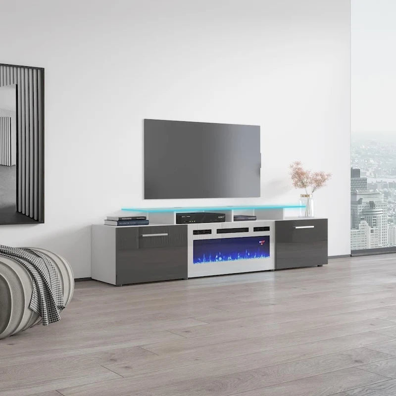 Meuble TV avec cheminée électrique blanc/gris/noir, convient aux téléviseurs de 85 pouces, 190,5 cm (75 po) de largeur x 48,26 cm (19 po) de hauteur, lumières LED, télécommande