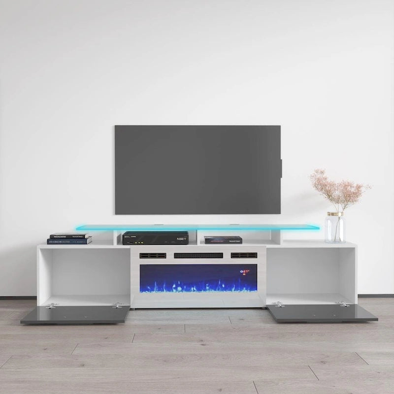 Meuble TV avec cheminée électrique blanc/gris/noir, convient aux téléviseurs de 85 pouces, 190,5 cm (75 po) de largeur x 48,26 cm (19 po) de hauteur, lumières LED, télécommande