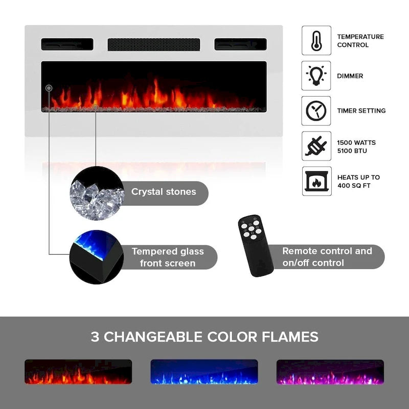 Meuble TV avec cheminée électrique blanc/gris/noir, convient aux téléviseurs de 85 pouces, 190,5 cm (75 po) de largeur x 48,26 cm (19 po) de hauteur, lumières LED, télécommande