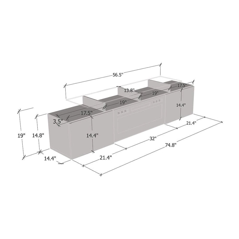 Meuble TV avec cheminée électrique blanc/gris/noir, convient aux téléviseurs de 85 pouces, 190,5 cm (75 po) de largeur x 48,26 cm (19 po) de hauteur, lumières LED, télécommande
