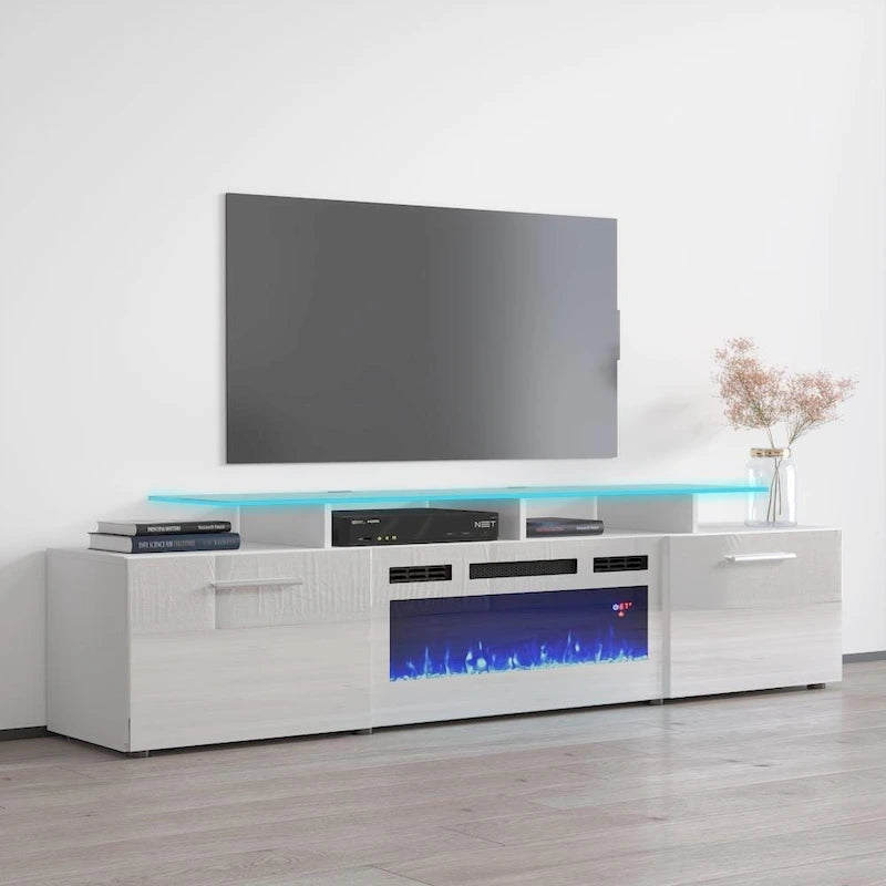 Meuble TV avec cheminée électrique blanc/gris/noir, convient aux téléviseurs de 85 pouces, 190,5 cm (75 po) de largeur x 48,26 cm (19 po) de hauteur, lumières LED, télécommande
