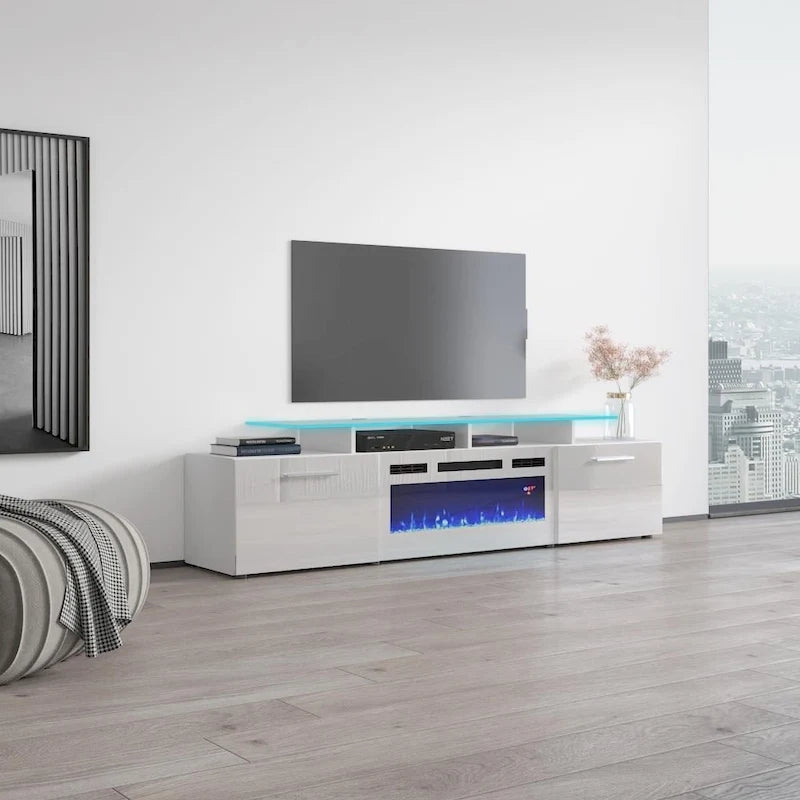 Meuble TV avec cheminée électrique blanc/gris/noir, convient aux téléviseurs de 85 pouces, 190,5 cm (75 po) de largeur x 48,26 cm (19 po) de hauteur, lumières LED, télécommande