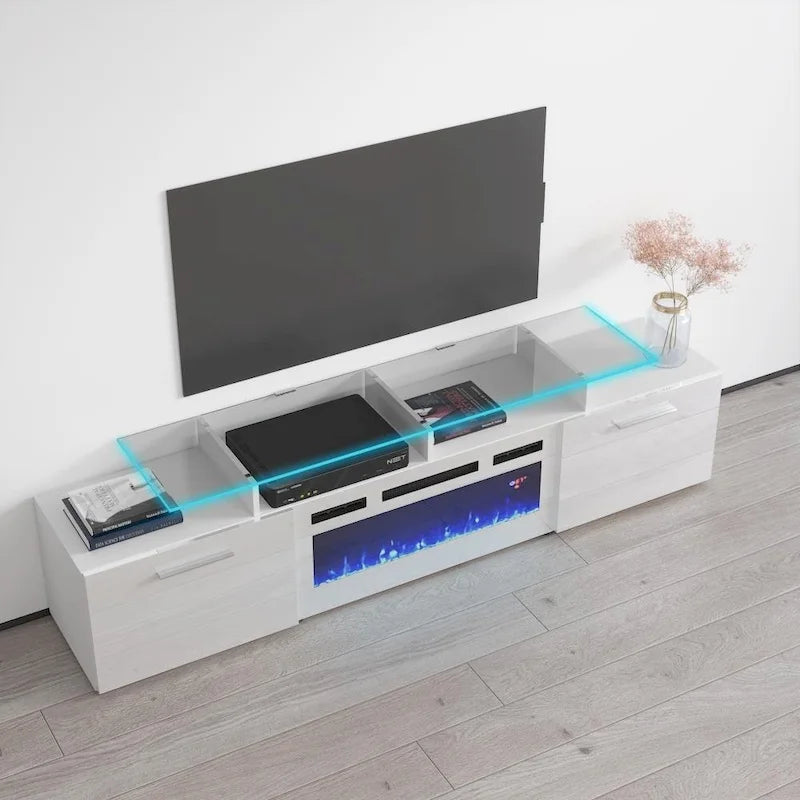 Meuble TV avec cheminée électrique blanc/gris/noir, convient aux téléviseurs de 85 pouces, 190,5 cm (75 po) de largeur x 48,26 cm (19 po) de hauteur, lumières LED, télécommande