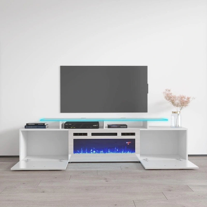 Meuble TV avec cheminée électrique blanc/gris/noir, convient aux téléviseurs de 85 pouces, 190,5 cm (75 po) de largeur x 48,26 cm (19 po) de hauteur, lumières LED, télécommande