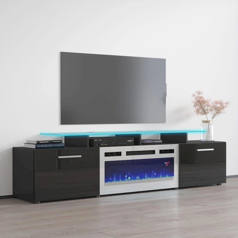 Meuble TV avec cheminée électrique blanc/gris/noir, convient aux téléviseurs de 85 pouces, 190,5 cm (75 po) de largeur x 48,26 cm (19 po) de hauteur, lumières LED, télécommande