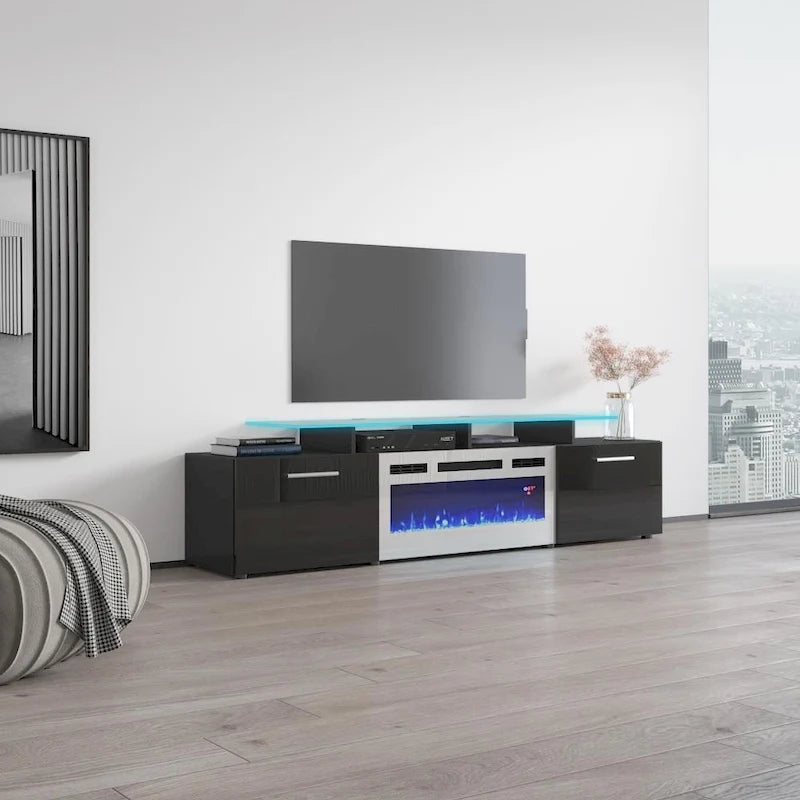Meuble TV avec cheminée électrique blanc/gris/noir, convient aux téléviseurs de 85 pouces, 190,5 cm (75 po) de largeur x 48,26 cm (19 po) de hauteur, lumières LED, télécommande