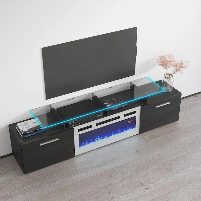 Meuble TV avec cheminée électrique blanc/gris/noir, convient aux téléviseurs de 85 pouces, 190,5 cm (75 po) de largeur x 48,26 cm (19 po) de hauteur, lumières LED, télécommande