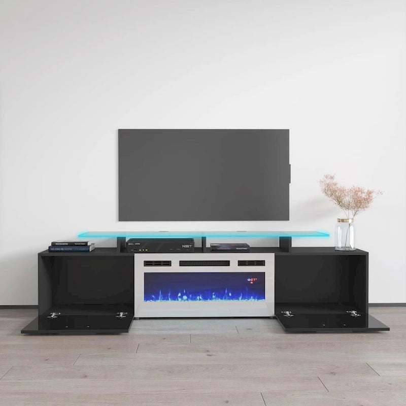 Meuble TV avec cheminée électrique blanc/gris/noir, convient aux téléviseurs de 85 pouces, 190,5 cm (75 po) de largeur x 48,26 cm (19 po) de hauteur, lumières LED, télécommande
