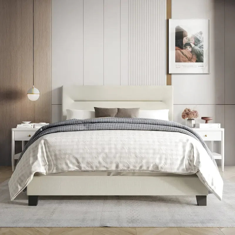 Lit rembourré en lin, tête de lit en mousse, bois d'hévéa/MDF, 2 places, gris/bleu/beige/bleu clair, simple/double/grand lit/très grand lit