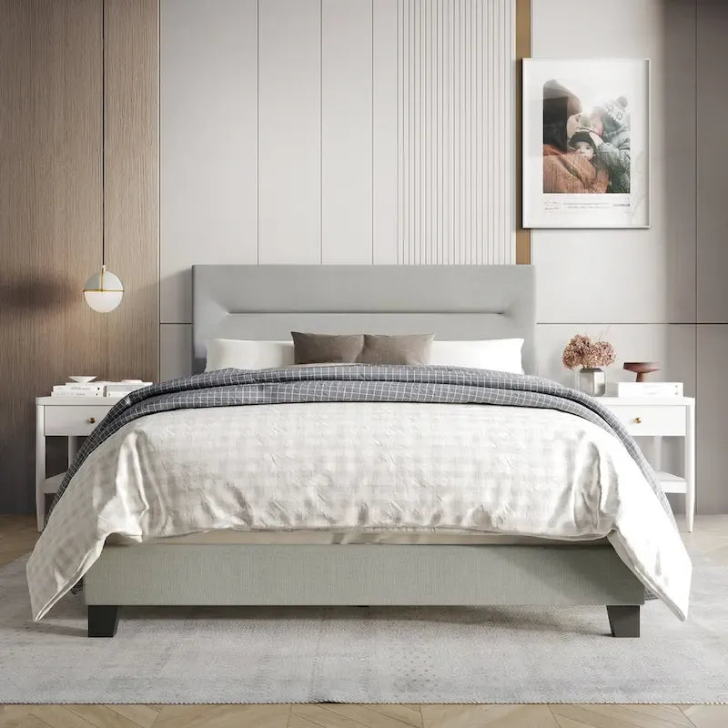 Lit rembourré en lin, tête de lit en mousse, bois d'hévéa/MDF, 2 places, gris/bleu/beige/bleu clair, simple/double/grand lit/très grand lit
