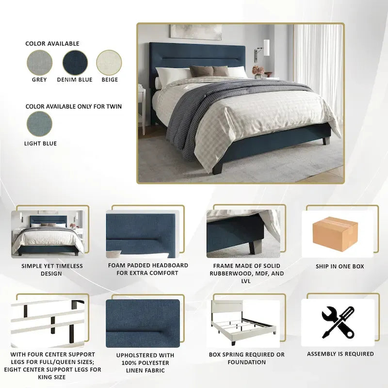 Lit rembourré en lin, tête de lit en mousse, bois d'hévéa/MDF, 2 places, gris/bleu/beige/bleu clair, simple/double/grand lit/très grand lit