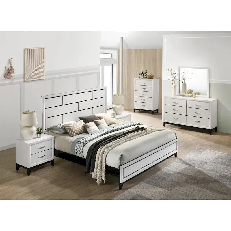 Ensemble de chambre à coucher blanc 6 pièces, lit à panneaux avec tête de lit sculptée, commode, miroir, 2 tables de chevet et chiffonnier