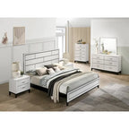 Ensemble de chambre à coucher blanc 6 pièces, lit à panneaux avec tête de lit sculptée, commode, miroir, 2 tables de chevet et chiffonnier