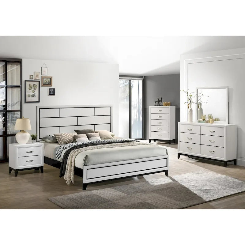 Ensemble de chambre à coucher blanc 6 pièces, lit à panneaux avec tête de lit sculptée, commode, miroir, 2 tables de chevet et chiffonnier