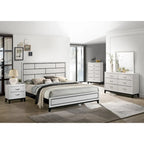 Ensemble de chambre à coucher blanc 6 pièces, lit à panneaux avec tête de lit sculptée, commode, miroir, 2 tables de chevet et chiffonnier