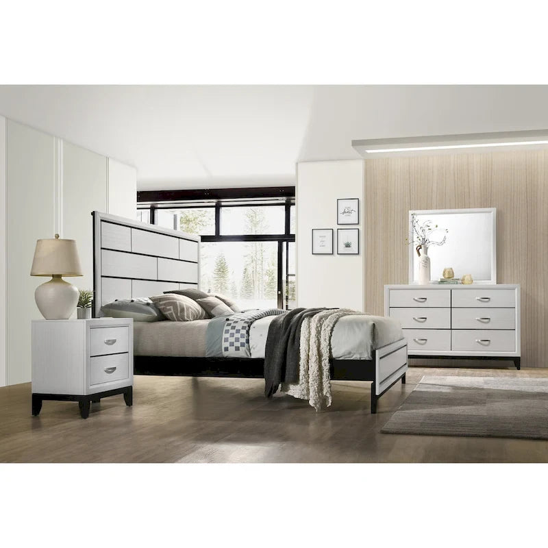 Ensemble de chambre à coucher blanc 6 pièces, lit à panneaux avec tête de lit sculptée, commode, miroir, 2 tables de chevet et chiffonnier