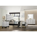 Ensemble de chambre à coucher blanc 6 pièces, lit à panneaux avec tête de lit sculptée, commode, miroir, 2 tables de chevet et chiffonnier
