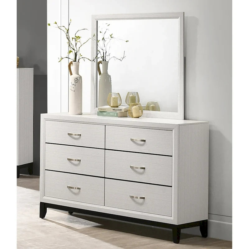 Ensemble de chambre à coucher blanc 6 pièces, lit à panneaux avec tête de lit sculptée, commode, miroir, 2 tables de chevet et chiffonnier