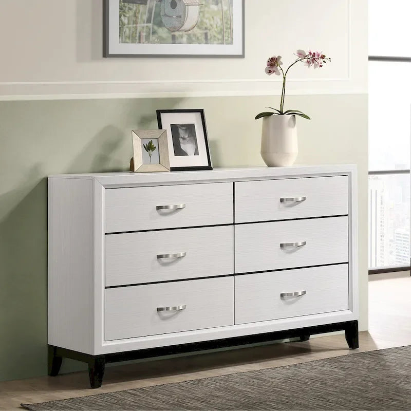 Ensemble de chambre à coucher blanc 6 pièces, lit à panneaux avec tête de lit sculptée, commode, miroir, 2 tables de chevet et chiffonnier