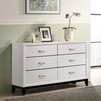 Ensemble de chambre à coucher blanc 6 pièces, lit à panneaux avec tête de lit sculptée, commode, miroir, 2 tables de chevet et chiffonnier