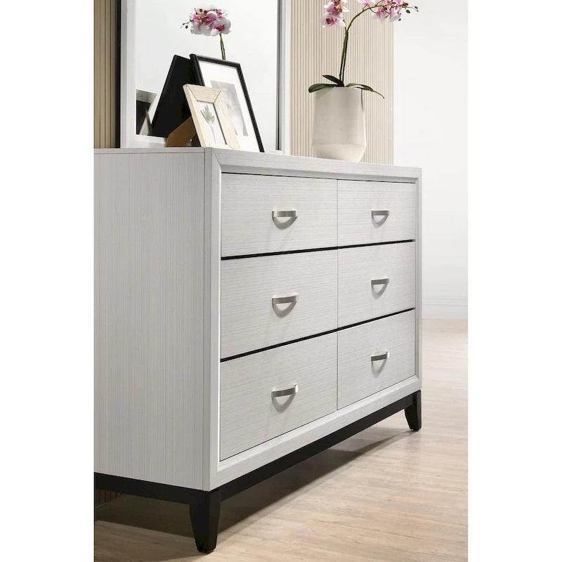 Ensemble de chambre à coucher blanc 6 pièces, lit à panneaux avec tête de lit sculptée, commode, miroir, 2 tables de chevet et chiffonnier