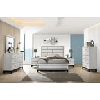 Ensemble de chambre à coucher blanc 6 pièces, lit à panneaux avec tête de lit sculptée, commode, miroir, 2 tables de chevet et chiffonnier