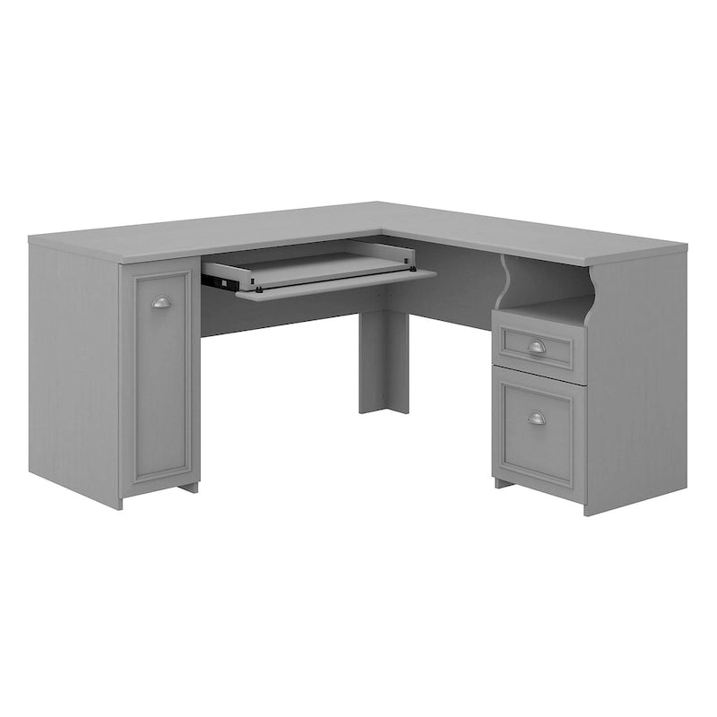 Bureau en L, 60 po de largeur, 1 tiroir classeur, 1 tiroir de rangement, 1 tablette pour clavier, armoire de rangement, gris Cap Cod/gris planches