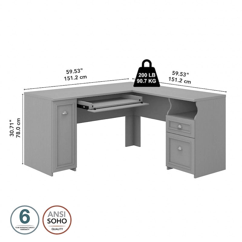 Bureau en L, 60 po de largeur, 1 tiroir classeur, 1 tiroir de rangement, 1 tablette pour clavier, armoire de rangement, gris Cap Cod/gris planches