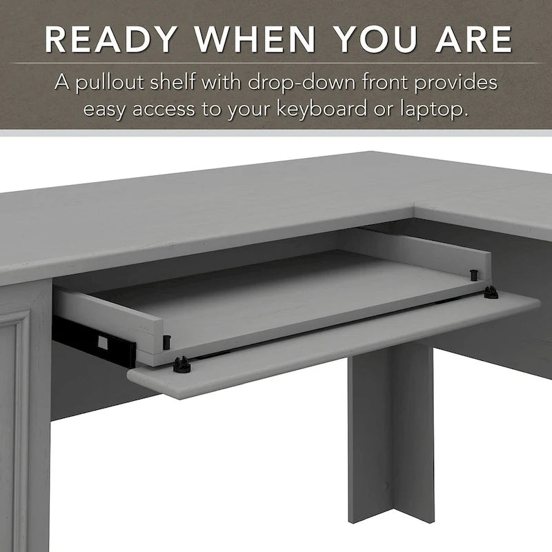 Bureau en L, 60 po de largeur, 1 tiroir classeur, 1 tiroir de rangement, 1 tablette pour clavier, armoire de rangement, gris Cap Cod/gris planches