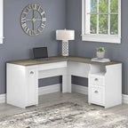 Bureau en L, 60 po de largeur, 1 tiroir classeur, 1 tiroir de rangement, 1 tablette pour clavier, armoire de rangement, gris Cap Cod/gris planches