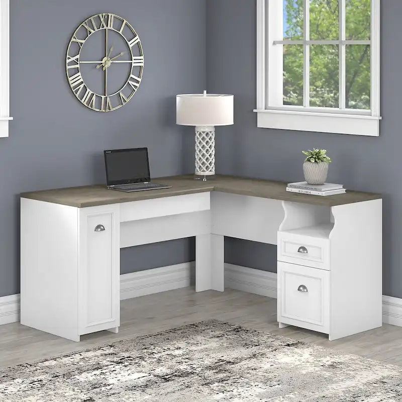 Bureau en L, 60 po de largeur, 1 tiroir classeur, 1 tiroir de rangement, 1 tablette pour clavier, armoire de rangement, gris Cap Cod/gris planches