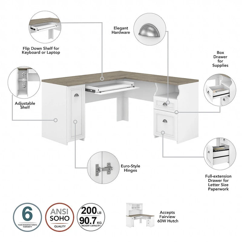 Bureau en L, 60 po de largeur, 1 tiroir classeur, 1 tiroir de rangement, 1 tablette pour clavier, armoire de rangement, gris Cap Cod/gris planches