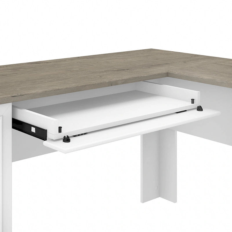 Bureau en L, 60 po de largeur, 1 tiroir classeur, 1 tiroir de rangement, 1 tablette pour clavier, armoire de rangement, gris Cap Cod/gris planches