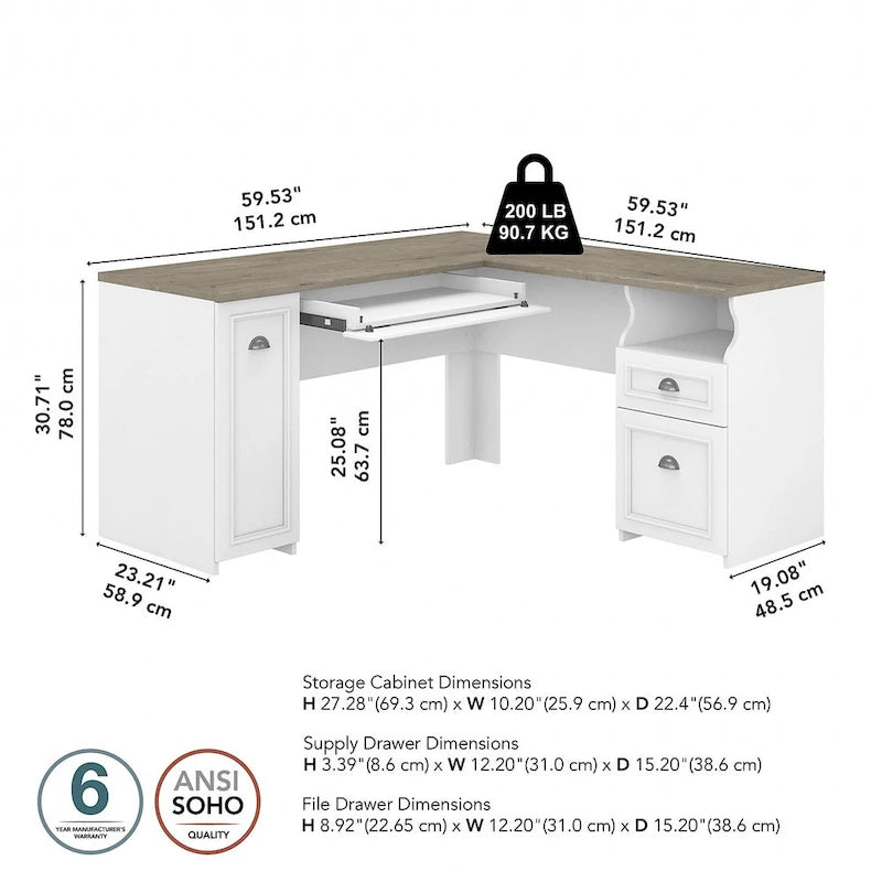 Bureau en L, 60 po de largeur, 1 tiroir classeur, 1 tiroir de rangement, 1 tablette pour clavier, armoire de rangement, gris Cap Cod/gris planches