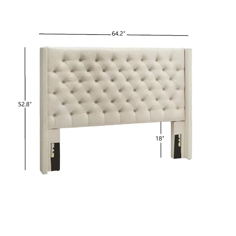 Tête de lit capitonnée à oreilles, Beige/Gris foncé/Gris, Lin