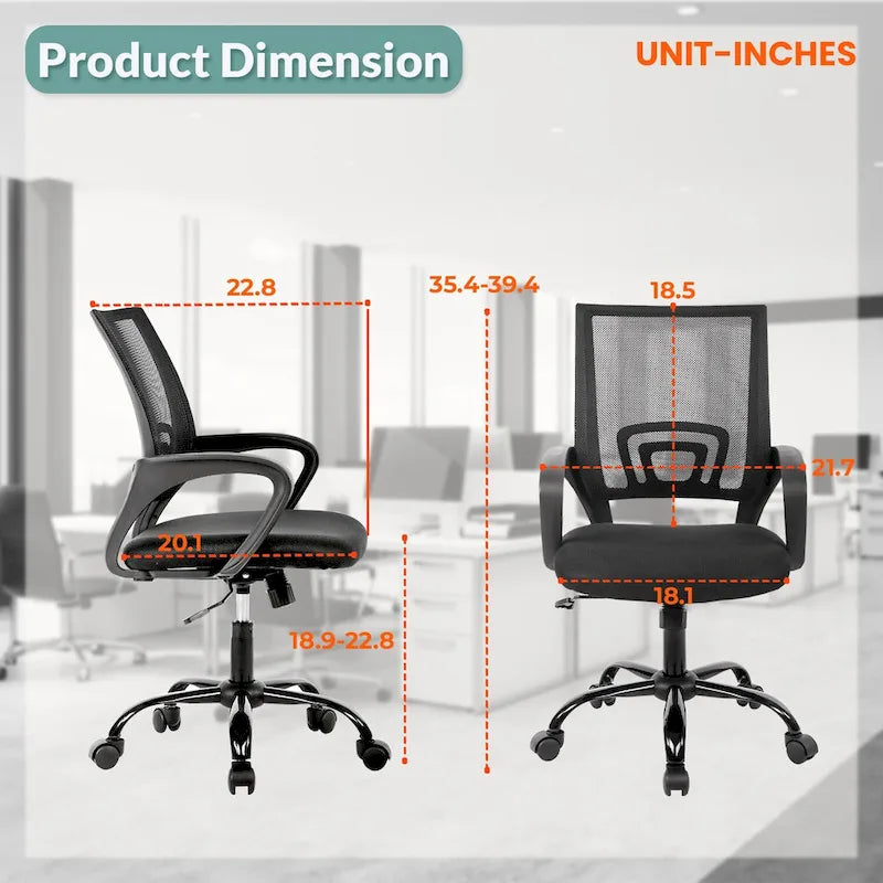 Chaise de bureau pivotante ergonomique, Noire, dossier en maille, hauteur réglable, 1 place