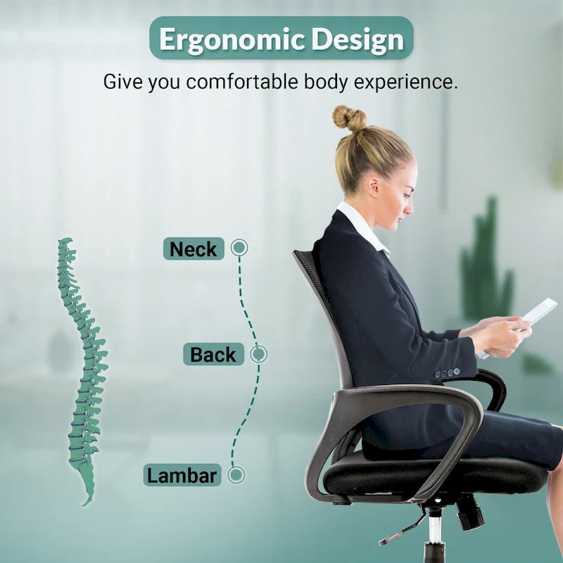 Chaise de bureau pivotante ergonomique, Noire, dossier en maille, hauteur réglable, 1 place