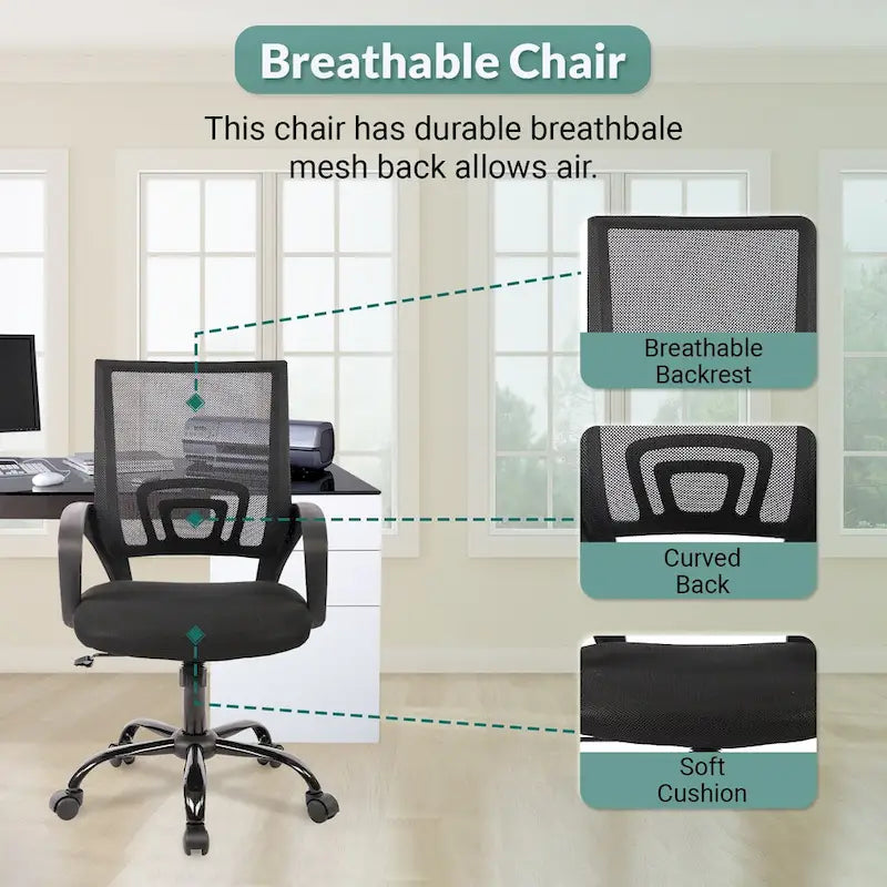 Chaise de bureau pivotante ergonomique, Noire, dossier en maille, hauteur réglable, 1 place