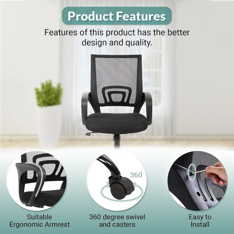 Chaise de bureau pivotante ergonomique, Noire, dossier en maille, hauteur réglable, 1 place