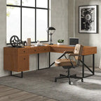 Bureau de direction en canne Alfons Industrial en forme de L avec plateau relevable, tiroirs et prises intégrées
