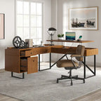 Bureau de direction en canne Alfons Industrial en forme de L avec plateau relevable, tiroirs et prises intégrées