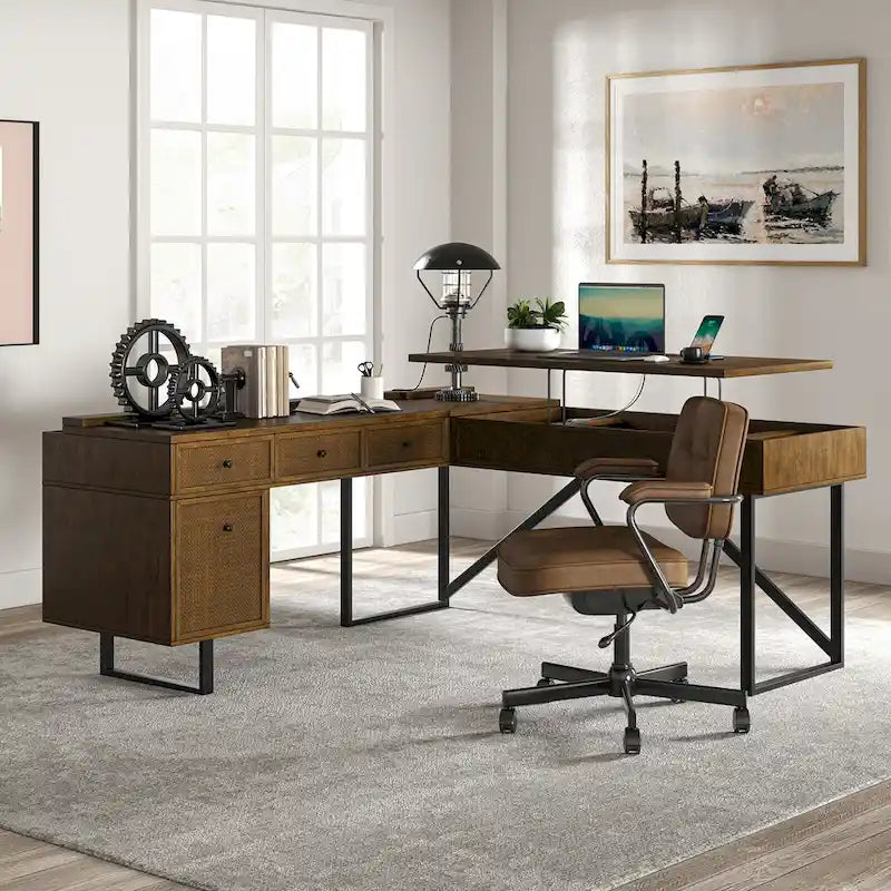 Bureau de direction en canne Alfons Industrial en forme de L avec plateau relevable, tiroirs et prises intégrées