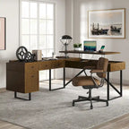 Bureau de direction en canne Alfons Industrial en forme de L avec plateau relevable, tiroirs et prises intégrées
