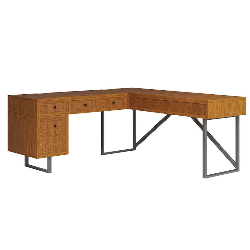 Bureau de direction en canne Alfons Industrial en forme de L avec plateau relevable, tiroirs et prises intégrées