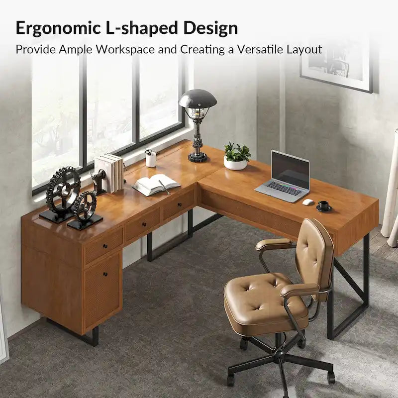 Bureau de direction en canne Alfons Industrial en forme de L avec plateau relevable, tiroirs et prises intégrées