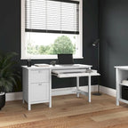 Bureau informatique 137 cm avec tiroirs, blanc pur, tiroir classeur, tablette coulissante pour clavier, contemporain