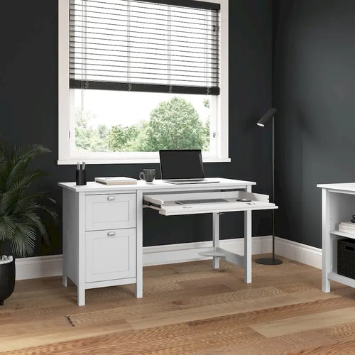 Bureau informatique 137 cm avec tiroirs, blanc pur, tiroir classeur, tablette coulissante pour clavier, contemporain
