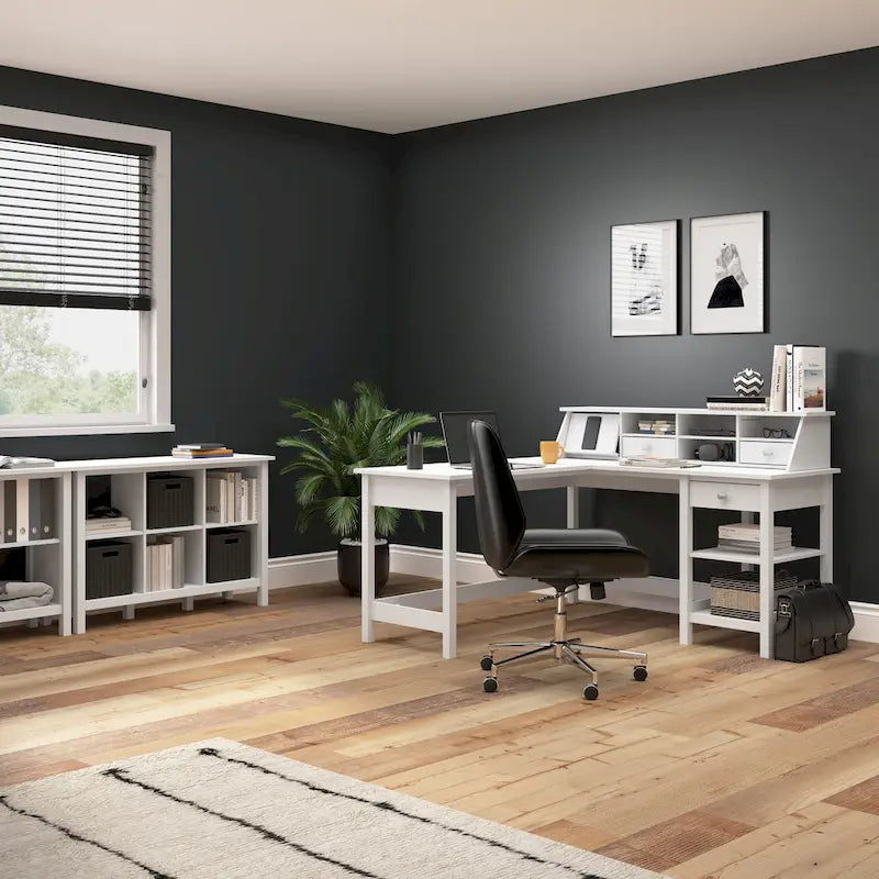Bureau informatique 137 cm avec tiroirs, blanc pur, tiroir classeur, tablette coulissante pour clavier, contemporain