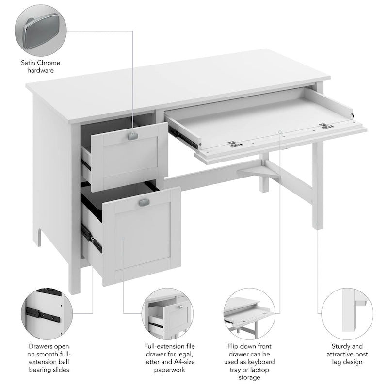 Bureau informatique 137 cm avec tiroirs, blanc pur, tiroir classeur, tablette coulissante pour clavier, contemporain